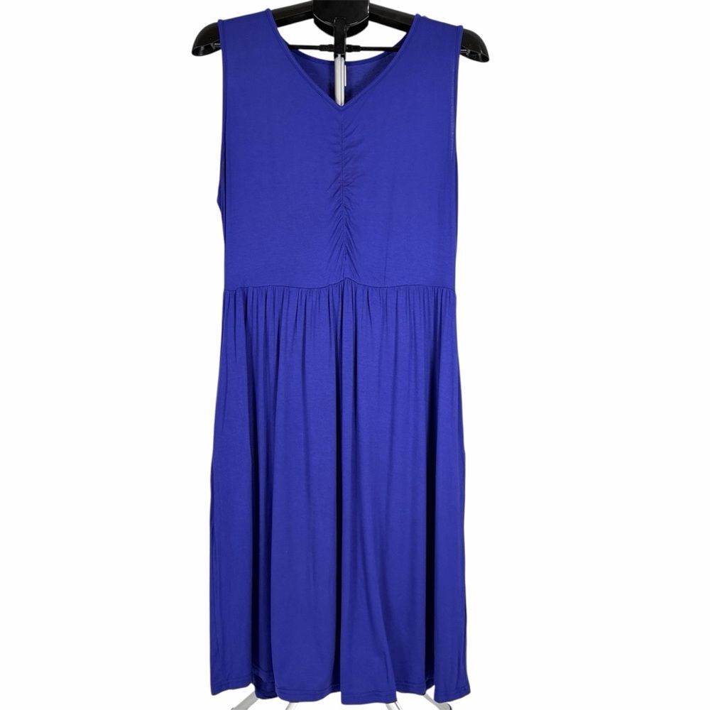 Blue Ruched V Neck Empire Waist Sleeveless Pocket Midi‎ Dress Womens XL